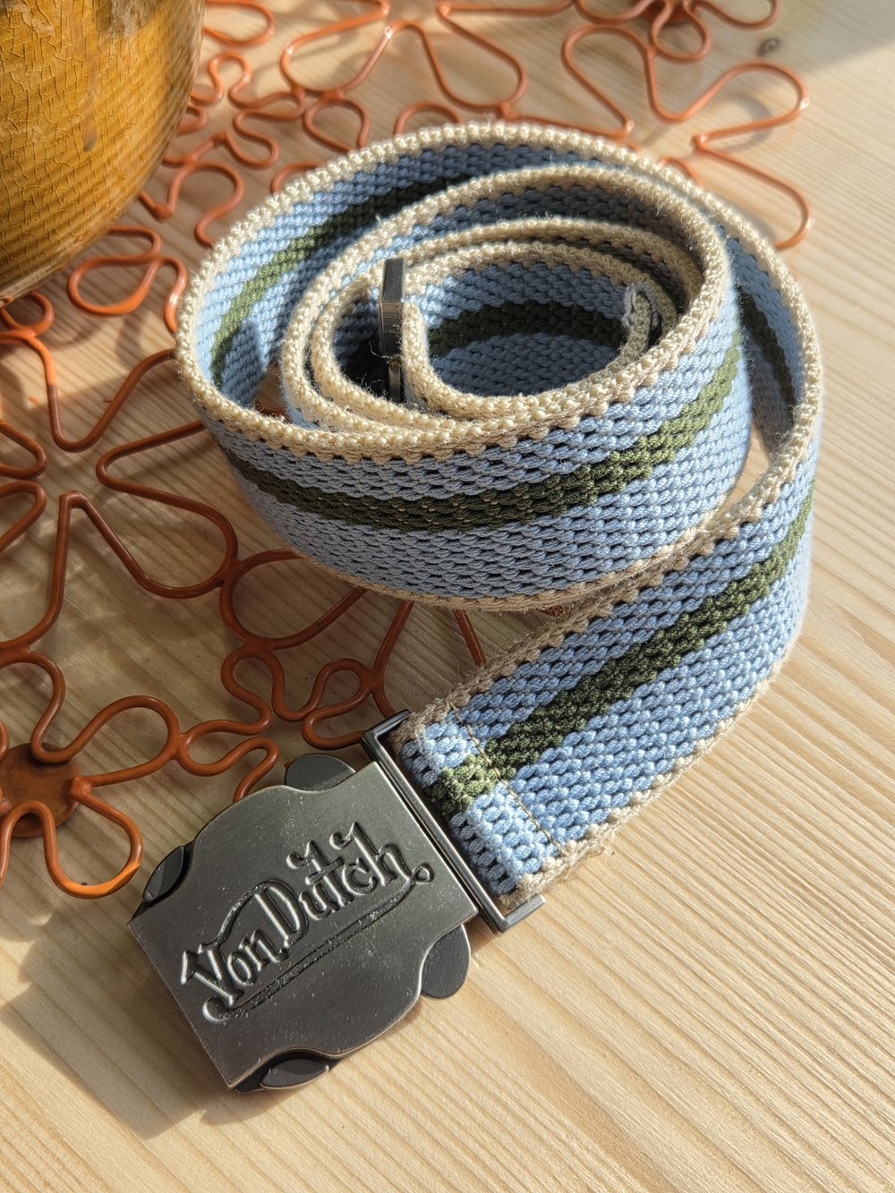 Vintage Y2K Von Dutch Light Blue & Olive Woven Web Belt with Beige Trim